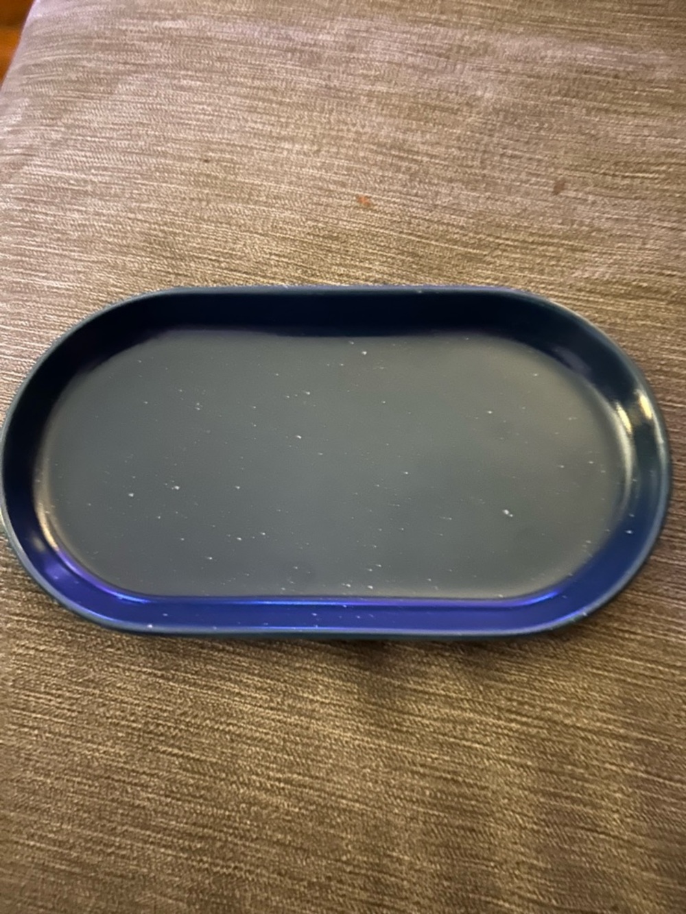 Blue w/ white specks Oval Side plate IKEA Height: ¾ "Length: 7 ¾ " Width: 4 ¼